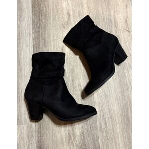 Black Faux Suede Ruched Ankle Boots Block Heel Women's Size 8